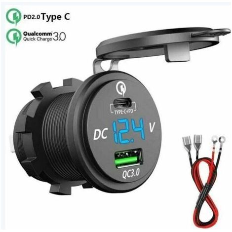 Chargeur Rapide USB C Voiture 12V / 24V QC 3.0 64W Double Prise Chargeur USB Étanche avec LED Voltmètre pour Voiture Aarine Moto Bateau Caravane (1/4)