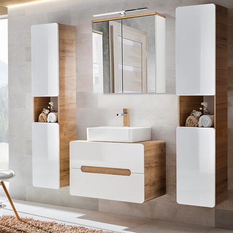 Badezimmermöbel Set Hochglanz weiß & Wotan Eiche Nb. LUTON-56 mit Keramik-Aufsatzbecken B/H/T ca. 180/200/46 cm (1/5)