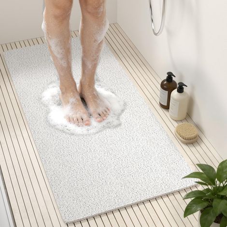 Tapis de Douche Antiderapant, 88 x 40cm Long Tapis de Baignoire Antidérapant, Loofah en PVC Souple Tapis Antidérapant Baignoire, sans Ventouse Tapis de Bain, Séchage Rapide, Blanc