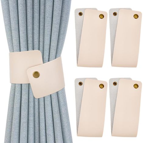 Embrasses de rideaux en cuir PU blanc, lot de 4, boutons pression, style vintage élégant. (1/5)