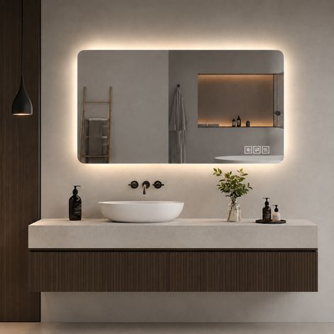 Miroir de salle de bain LED 60 x 100 cm, résistant à la corrosion, à intensité variable (trois couleurs), avec fonction antibuée instantanée. (1/5)