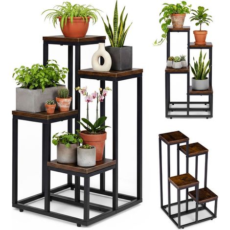 Soporte para plantas estilo loft de 4 estantes, acero y aglomerado (1/5)