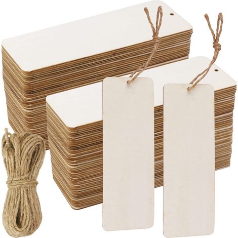 Paquete de 50 etiquetas de regalo de madera en blanco - Etiquetas colgantes de madera sin acabado con agujeros y cuerda - Ideales para manualidades, bodas y decoraciones de cumpleaños. (1/5)