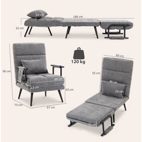 Fauteuil convertible 3 en 1, dossier 5 positions, 186 x 60 cm, gris OKMYHOME (1/5)
