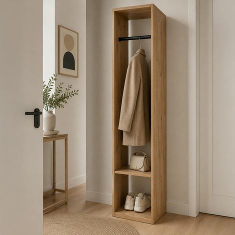Vestiaire d’entrée compact décor bois avec penderie ALVA (1/5)