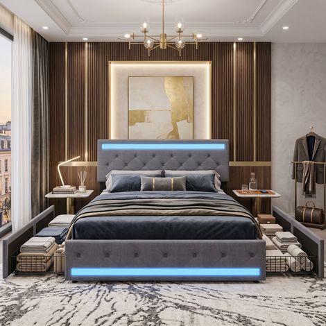 Creahappy Lit Double 140x190 cm avec 4 Tiroirs et LED RGB - Cadre de Lit Rembourré en Lin avec Prise USB Gain de Place - Gris Foncé (1/5)
