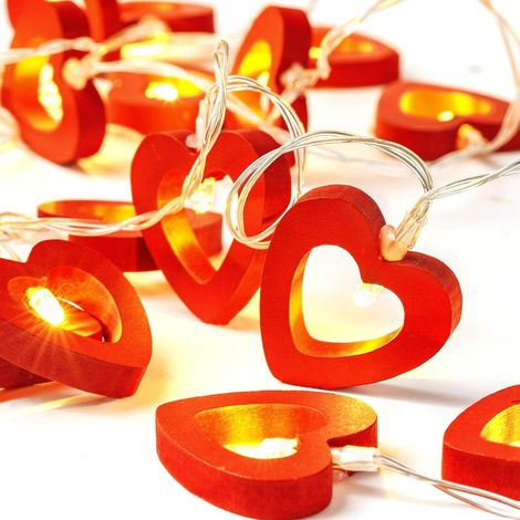 Guirlande lumineuse décorative de 20 cœurs en bois aux tons chauds (LED) pour la Saint-Valentin, les mariages, le jardin, la chambre, les fêtes, les anniversaires et autres occasions spéciales. (1/5)