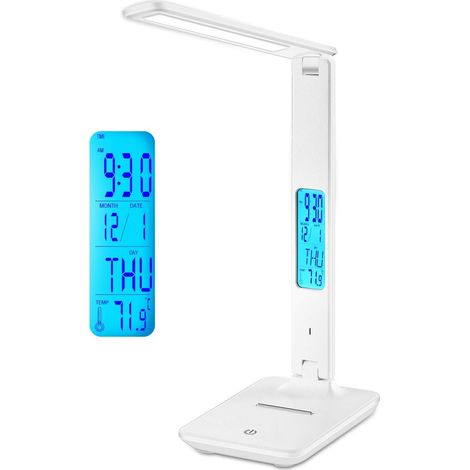 Lampada da tavolo a LED, lampada da tavolo ricaricabile regolabile con controllo touch flessibile, display LCD con funzioni di ora, sveglia e temperatura