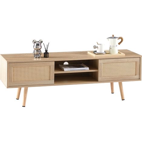 Meuble TV en résine tressée avec 2 portes coulissantes, 3 étagères réglables, piètement en bois, style naturel pour salon et bureau, 140 cm – CHICFURN (1/5)