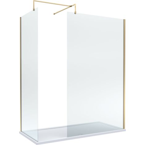 8mm Glass Walk In Wetroom Screens with Brushed Brass Profile and White Shower Tray - 1700 x 900mm