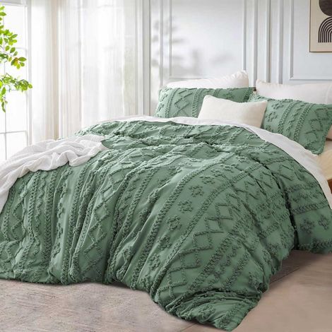 Ensemble de literie 135x200 cm 4 pièces Vert foncé Bohème Géométrique Housse de couette réversible Microfibre