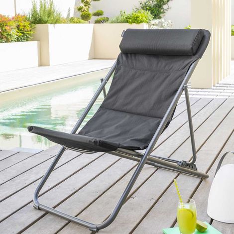 Hesperide – Chilienne de jardin pliante Jubba anthracite – Dossier inclinable 4 positions – Zinc et polyester résistant aux intempéries