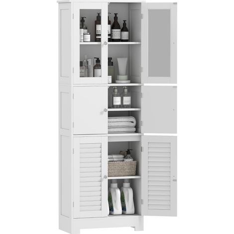 Mobile Colonna Bagno con 3 Armadietti e Ante in Vetro e a Persiana, 60x30x170.5cm, Bianco