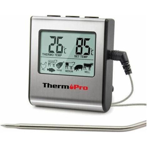 QORVA-TP16 Thermomètre de Cuisson pour Viande Numérique avec Large Écran LCD pour Fumoir Four Cuisine Friandises Barbecue Grill Thermomètre avec Minuteur et Sonde de Températures en Acier Inoxydable (1/4)