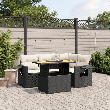 Ensemble Salon Jardin 5 Places Noir Résine Tressée avec Table Acacia et Coussins Crème (1/3)