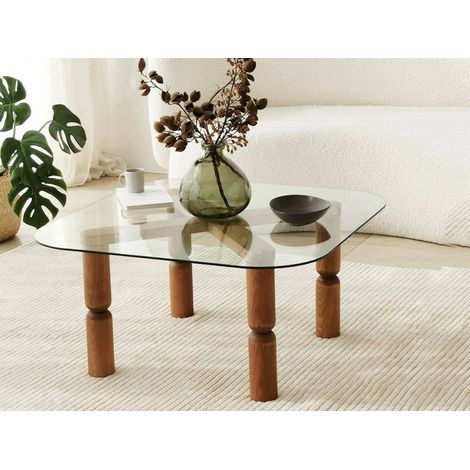 Dmora - Tavolino da salotto Gran, Tavolo basso da caffè, Portariviste per divano, Ripiano da soggiorno, 80x80h40 cm, Noce e Trasparente (1/5)