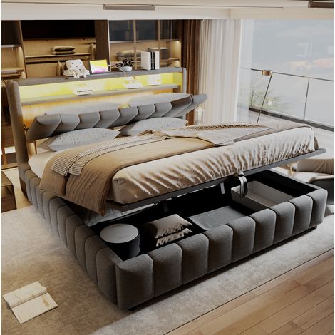 Lit coffre 180x200 cm en tissu gris, avec rangement pour chambre, sans matelas FloraGrace (1/5)