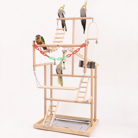 Perchoir Oiseaux, Jouet Perroquet, Aire de Jeux pour Oiseaux, Place de Jeux en Bois pour Perruches Canaris, Perchoir en Bois pour perroquets -48  33,5  94,5CM