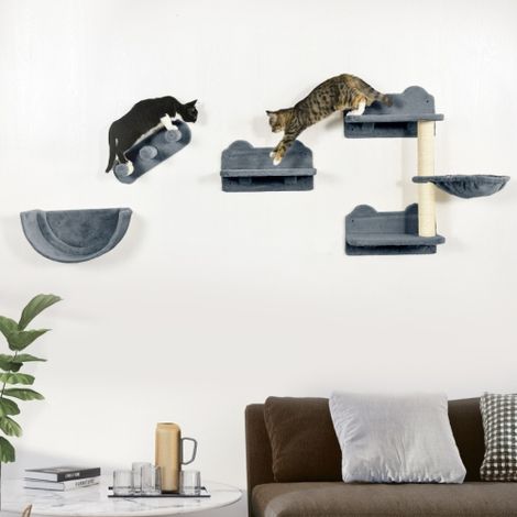 Set da parete per gatti, 4 pezzi, comprensivo di albero per gatti, amaca e piattaforma per saltare albero per gatti e mobile per gatti da parete portata massima 5 kg consegna a domicilio. (1/5)