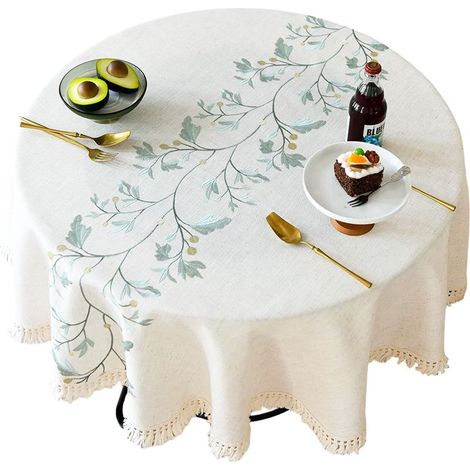 Runde Tischdecke – 140 cm – Leinen und Baumwolle – Fleckenabweisend – Gestickte Blätter – Quasten – Für Esszimmer, Couchtisch, Garten – 1 Stück (1/5)