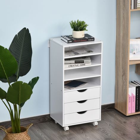 Cassettiera da ufficio con 3 cassetti e 4 ripiani a giorno, cassettiera da scrivania con ruote per ufficio, 38x40x86,8 cm, bianca (1/5)