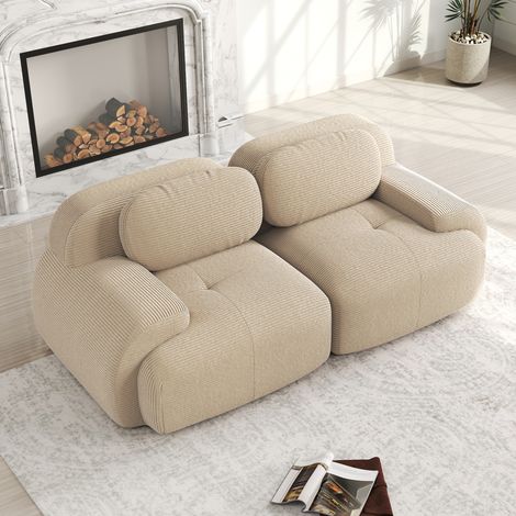 Divano modulare a 2 posti da 208cm in velluto a coste beige,divano a due posti estremamente elastico e confortevole,braccioli curvi,base antiscivolo