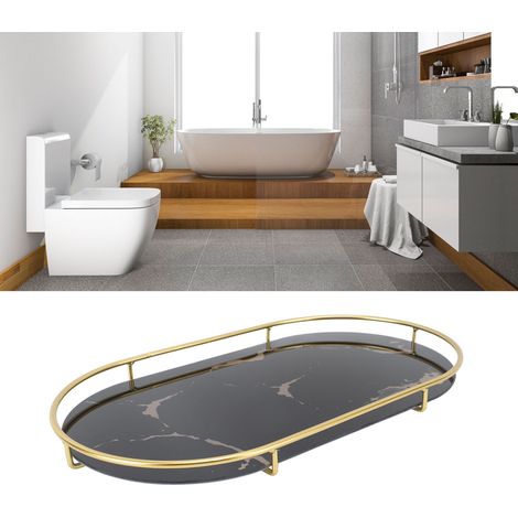 Étagère de rangement pour salle de bain, plateau de lavabo, fond noir à motifs dorés, forme ovale (1/5)