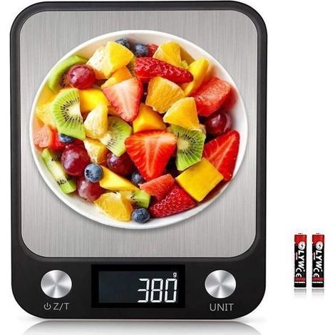 Bilancia da cucina elettronica (nera), precisione 15 kg/1 g - Display LED retroilluminato - 7 unità - Bilancia per alimenti, cucina e pasticceria (1/5)