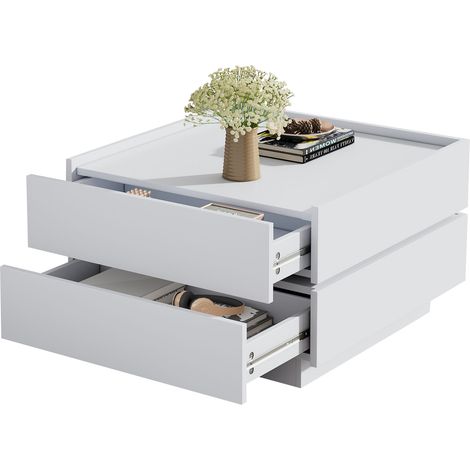 Table basse rotative 360 avec 2 tiroirs, table de salon blanche carrée 60x60x38 cm, plateau pivotant et rebords de sécurité. (1/5)