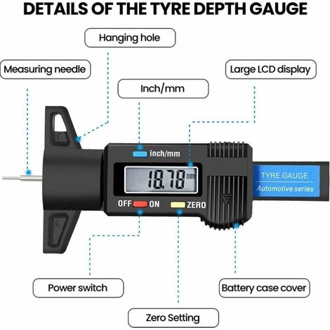 Jauge de Profondeur Numérique de Pneu-Jauge de Profondeur de Bande de Roulement de Pneu-Gauge LCD Metrique/Pouce 0-25.4mm avec Boîte de Fer & Batterie de Secours pour Auto Moto Vans Camions (1/4)