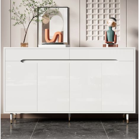 Zapatero 140x39x84 cm blanco y dorado en tablero de partículas con 2 puertas, 2 cajones y estantes ajustables (1/5)