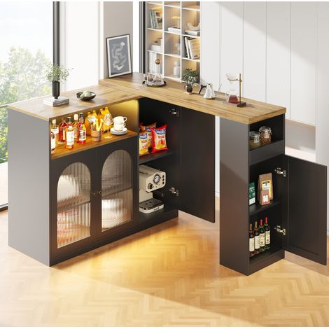 Sideboard bar rotatif 360° en MDF noir mat, plateau effet bois, avec porte en verre et LED, 108x39,6x97 cm (1/5)