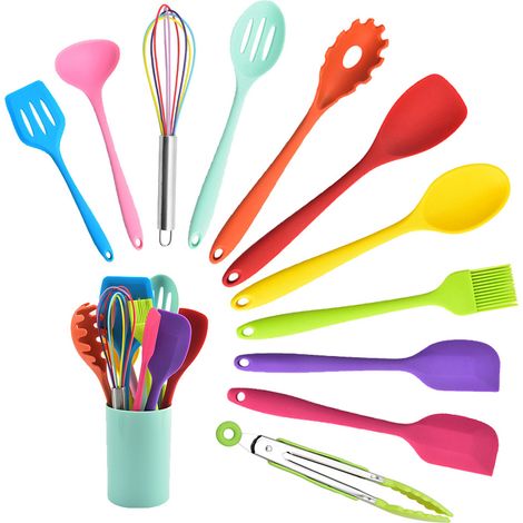 Küchenhelfer Set, 12 teilig Silikon Kochutensilien Kochgeschirr, Hitzebeständiger Kochbesteck Set mit Utensilienhalter, Gesund & Antihaft, Spülmaschinengeeignet (1/5)