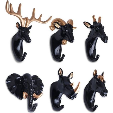 Lot de 6 crochets muraux en forme de têtes d'animaux (cerf, éléphant, mouton) - Crochets muraux décoratifs et créatifs (1/5)