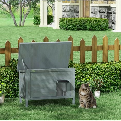 Caseta para gatos exterior aislada de madera gris OKMYHOME (1/4)