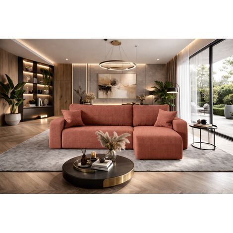 Divano angolare reversibile PIANIOO L trasformabile – Velluto a coste rame, funzione letto, ampio vano contenitore, angolo universale sinistro/destro