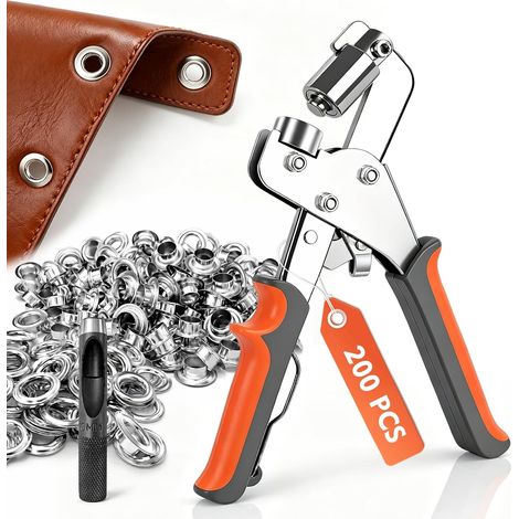 Pince à Œillets 10mm avec 200 Œillets Métalliques, Kit de Pose d'Œillets avec Perforateur et Poinçon Magnétique, Oeillets Métalliques Kit pour Bâche, Bannières PVC, Cuir, Toile et DIY (1/5)