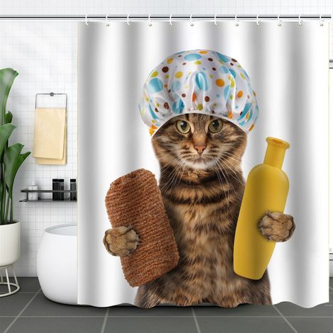 Rideau de Douche, Large Choix de Beaux Rideaux de Bain,12 Anneaux Inclus, Imperméable, Effet Anti-moisissures (180 x 200 cm, Chat de Douche)