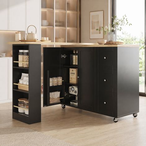 Aparador 135/203 x 39 x 106 cm negro, giratorio 360°, con 3 cajones y hueco snack (1/5)