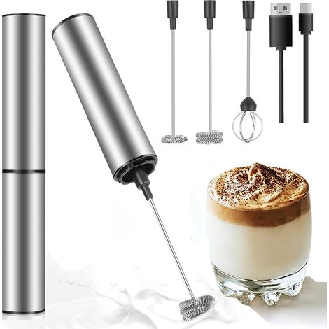 Mousseur à lait électrique 3 en 1 en acier inoxydable - Mini batteur à main électrique rechargeable par USB - Mousse rapide - Pour cappuccino/macchiato/chaud/chocolat/neige en neige (1/5)