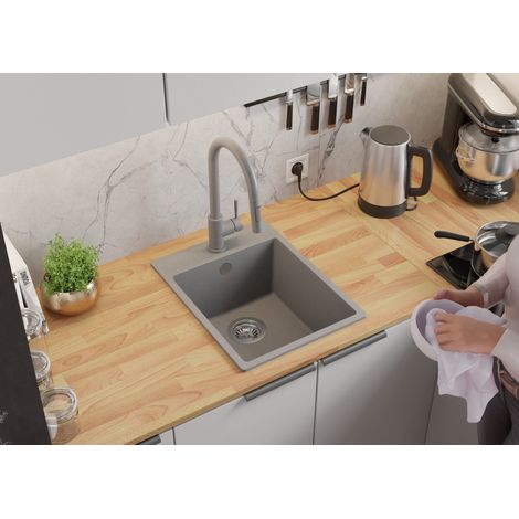 PRIMAGRAN Evier Cuisine en Granit 38x50cm, Lavabo 1 bac + Kit de Vidage, Évier à Encastrer au meuble 40cm - Riga, Gris