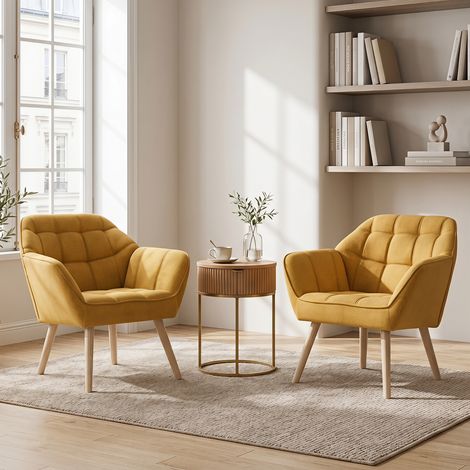 Wahson Fauteuil en Velours, Fauteuil Salon Moderne Lot de 2 Fauteuil Scandinave avec Pied Doré Fauteul Rembourré pour Chambre, Jaune