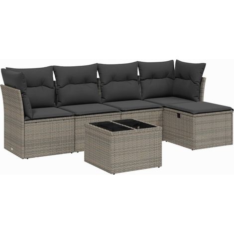 Salon de jardin 6 pcs avec coussins gris résine tressée (1/3)