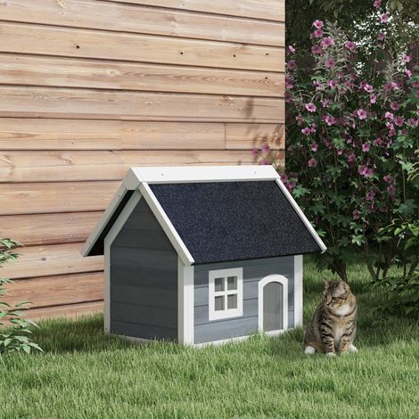 Cuccia per gatti in legno con porta a doghe, finestra in plexiglass, tetto apribile in bitume, 77 x 57,5 x 68 cm, grigia