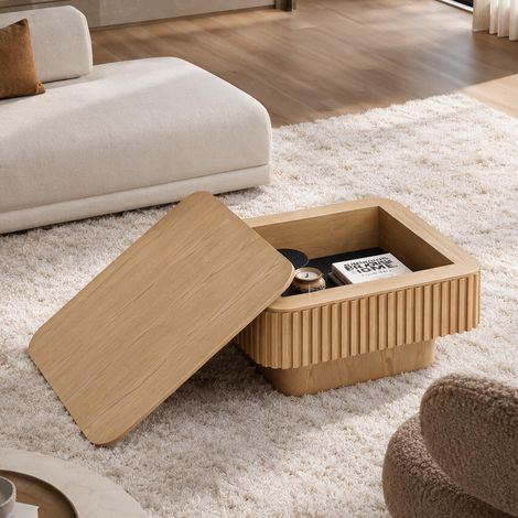 Table basse carrée cannelée de 75 cm avec rangement caché, table de cocktail moderne plaquée bois massif, assemblage facile 5 minutes, table à thé d'appoint pour salon, chambre, appartement ou bureau, (1/5)