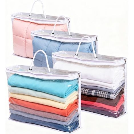 Lot de 4 sacs de rangement transparents à fermeture éclair avec poignée renforcée pour vêtements, couvertures, couettes (1/5)