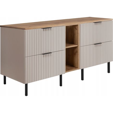 Rodan Waschbeckenunterschrank mit Füßen 140 cm, Beige Matt, 46 x 140 x 73,6 cm, mit brauner Ablage und Waschtischplatte, feuchtraumgeeignet