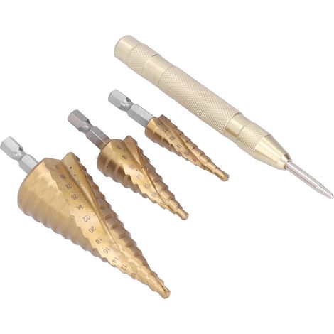 Jeu de 3 forets étagés métriques, queue hexagonale conique professionnelle en acier rapide, 4-32 mm + poinçon de centrage automatique pour le façonnage en spirale.