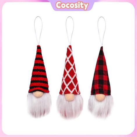 Ornements de gnome suspendus - COCOSITY - À carreaux - tissu tricoté paillettes - lot de 3 - suspension ficelle (1/5)