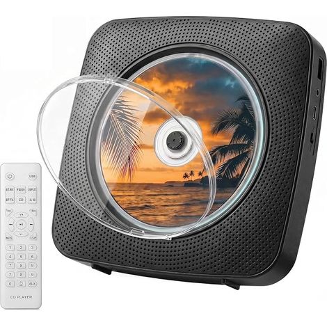 Portable CD Player 1800mAh Desktop CD Player for Home CD Players with Two Speakers Remote Control Dustproof Cover FM Radio Display Timer USB Aux-Black